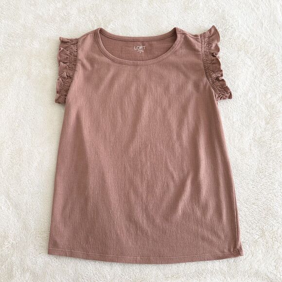 LOFT Short Sleeve Shirt Size XS Dusty Rose Textured Knit Ruffle Sleeve Top - Picture 4 of 9